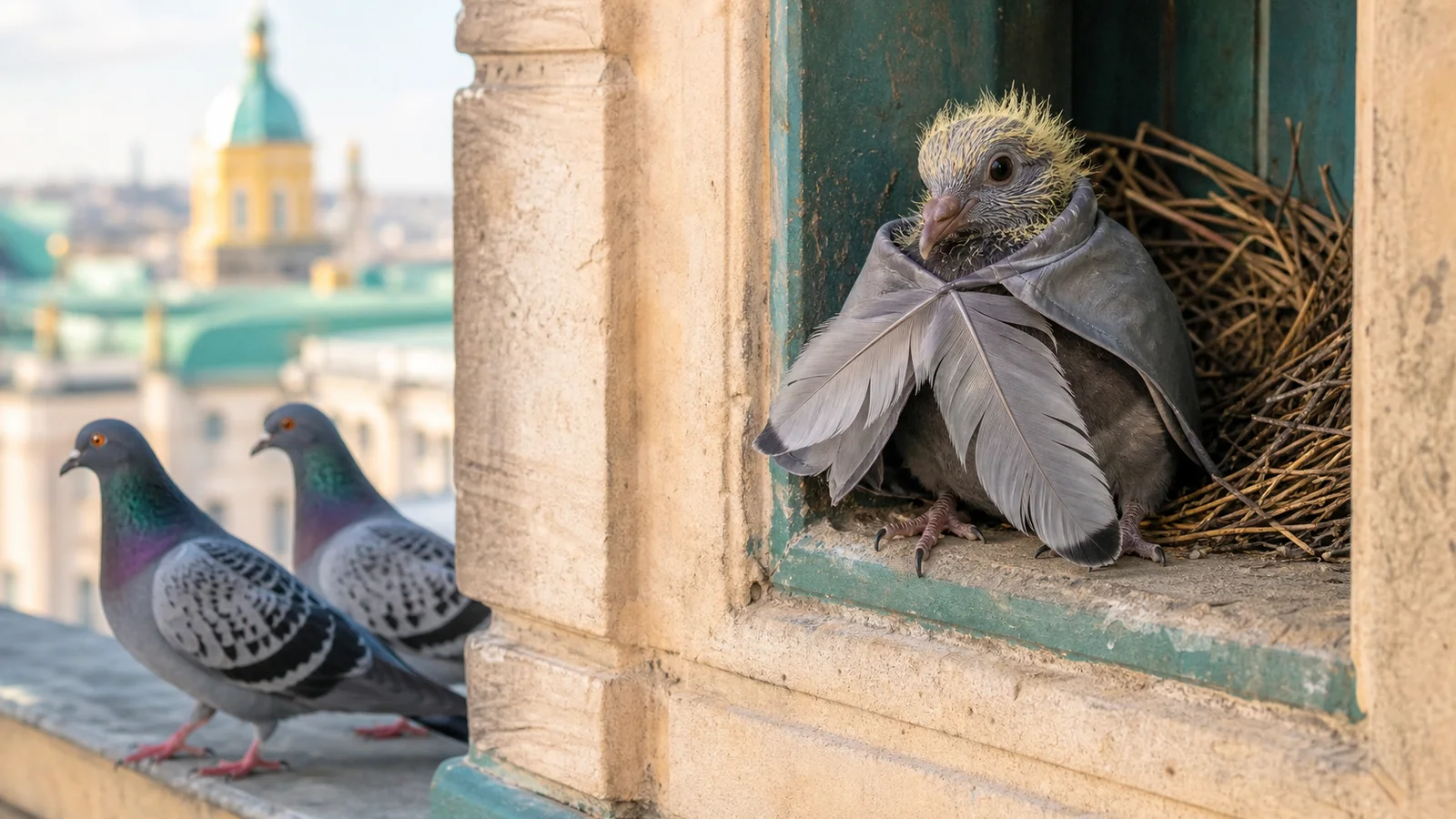 Young pigeon with wisps of yellow down peeking from a sheltered city nest in a comic feather disguise