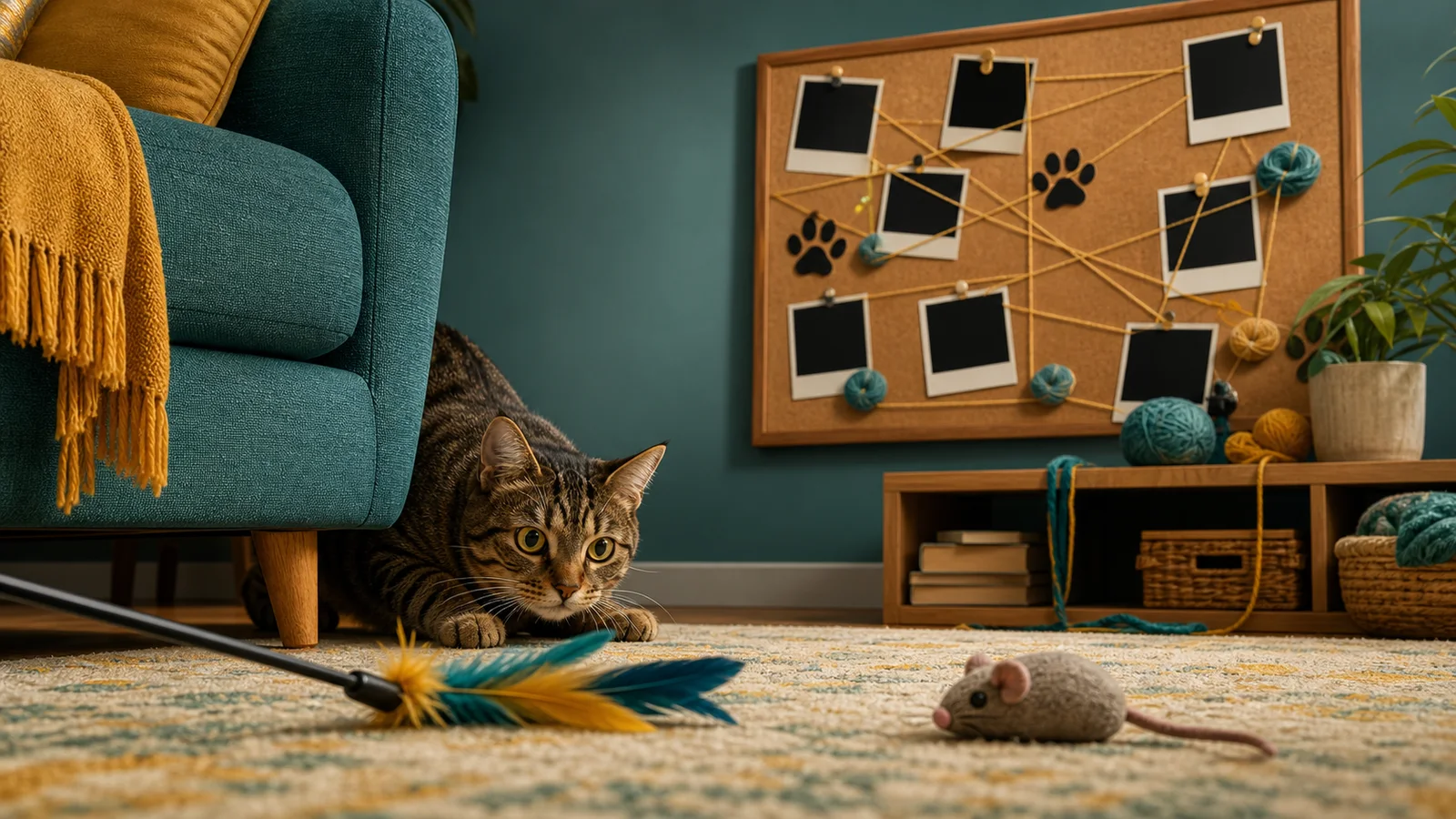 Playful tabby stalking a feather wand and toy mouse