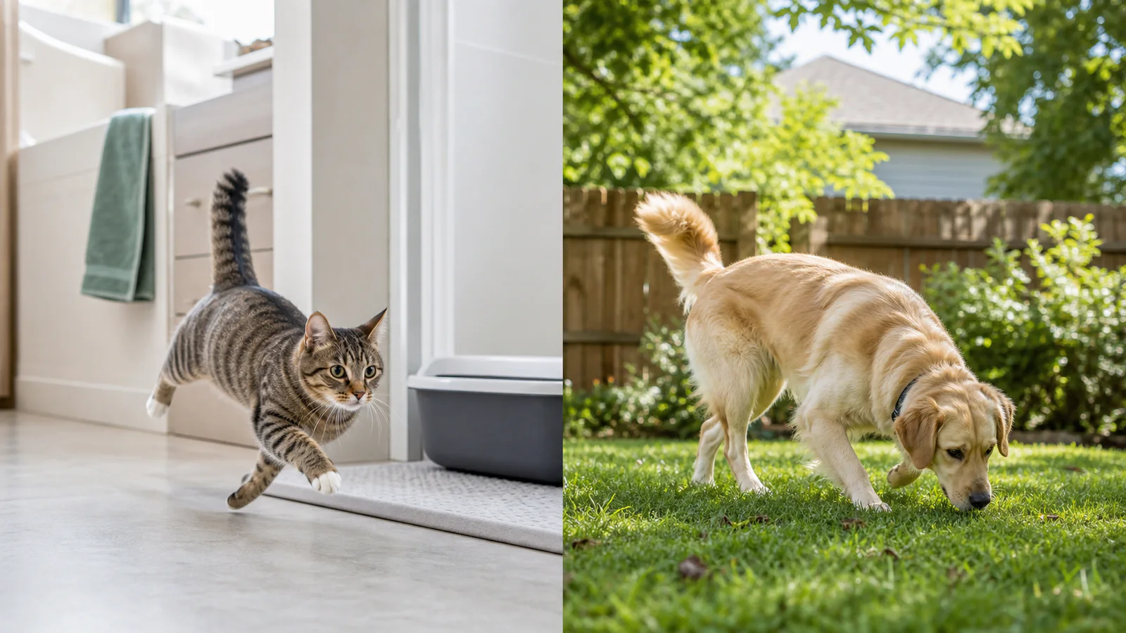 Cat racing from a litter box while a dog circles on grass