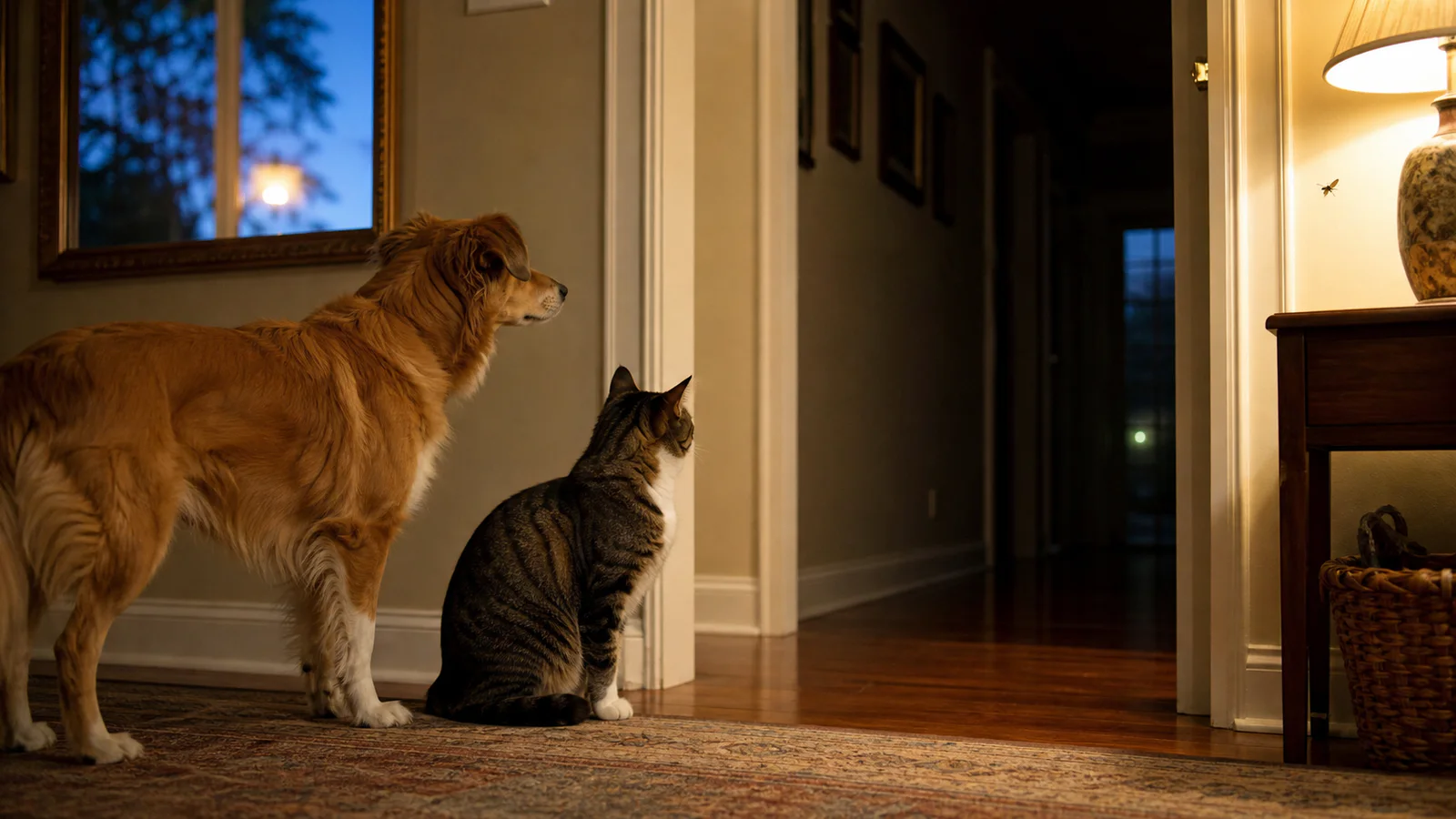 Cat and dog looking toward a dim hallway