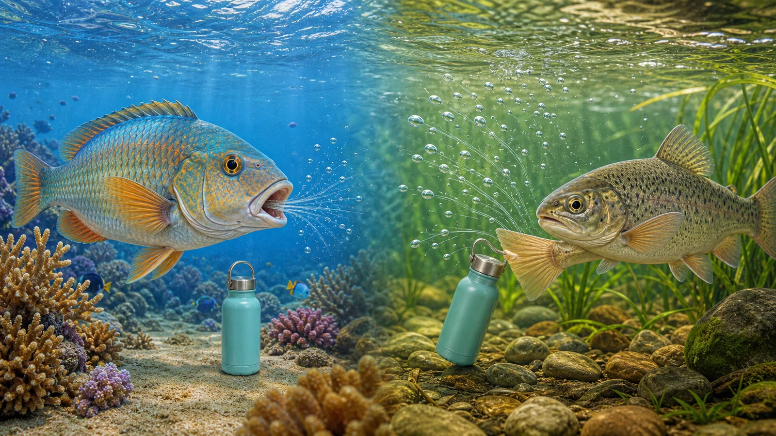 Comic split scene of a marine bony fish drinking and a freshwater fish declining a tiny water bottle