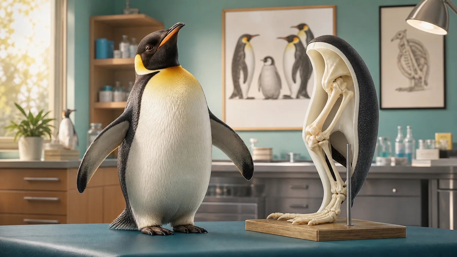 Amused penguin beside a model showing the leg bones hidden beneath its feathers