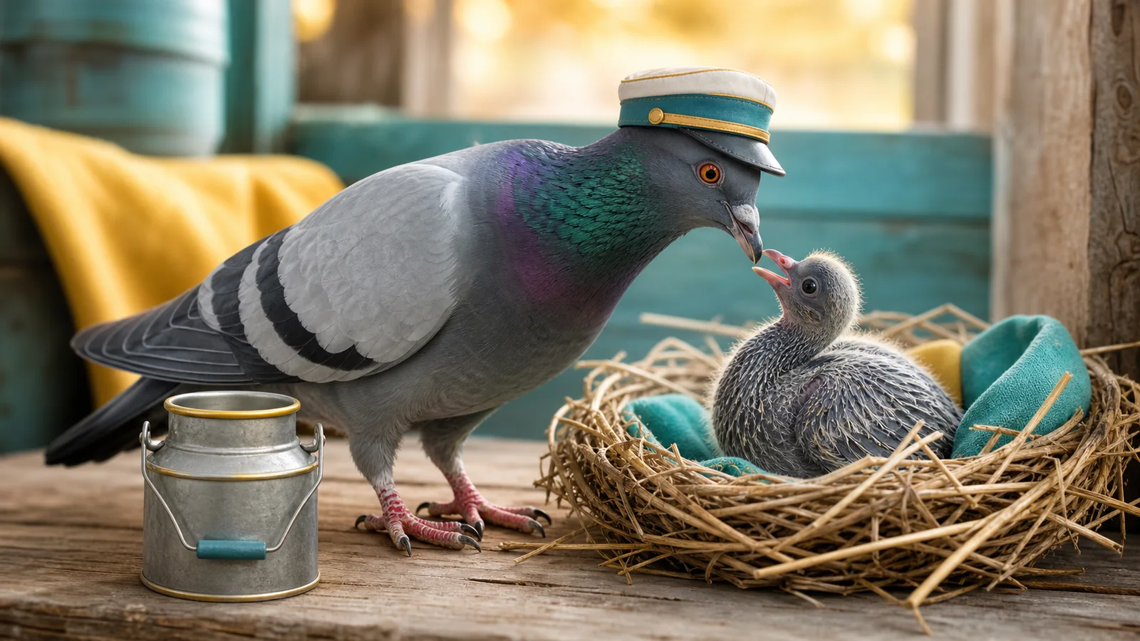 Adult pigeon in a tiny delivery cap beside an empty miniature milk pail and a waiting squab