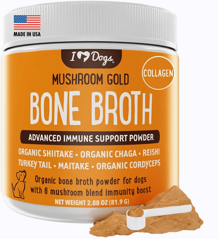 iHeartDogs Mushroom Gold bone broth powder container