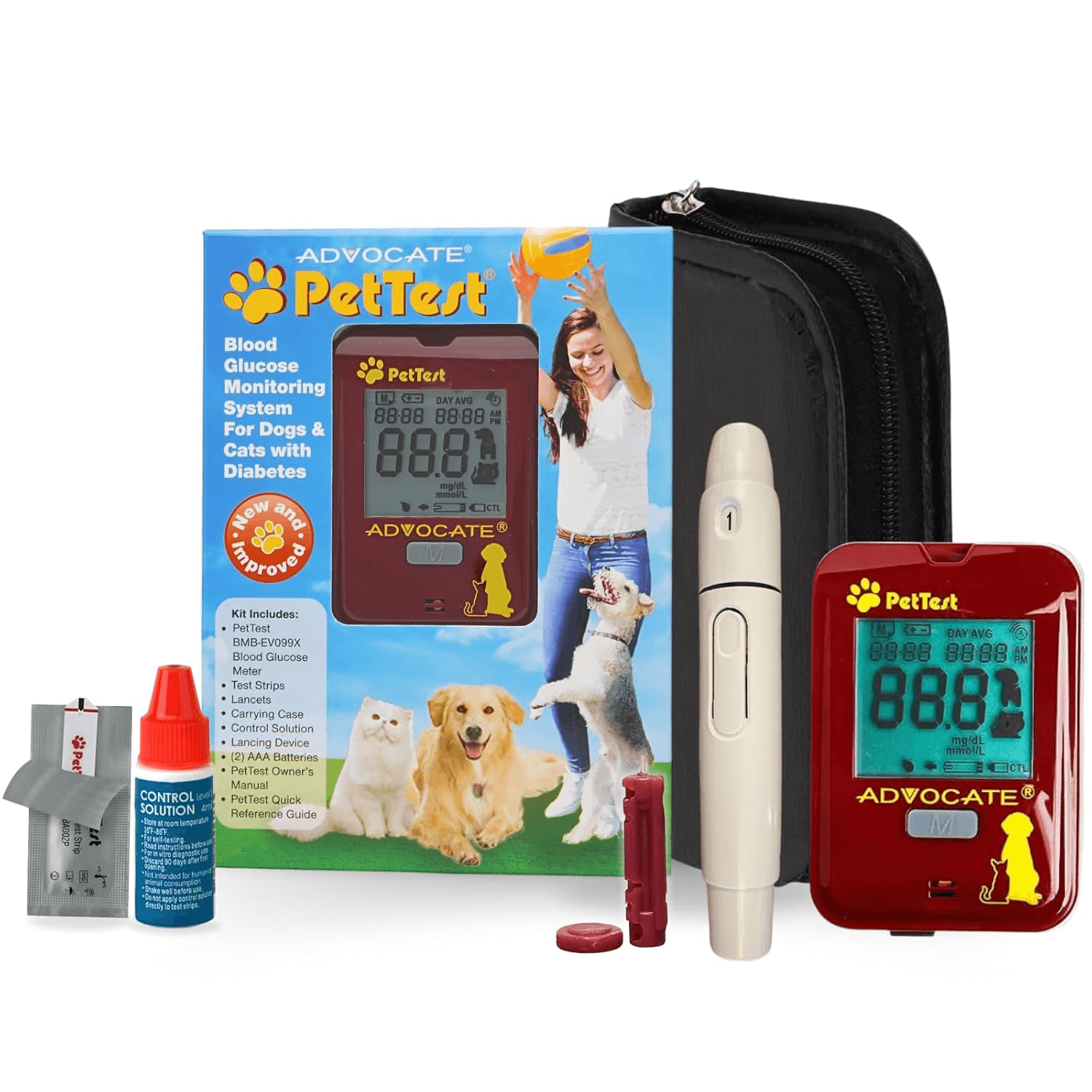 PetTest blood glucose meter kit with strips lancets lancing device and case